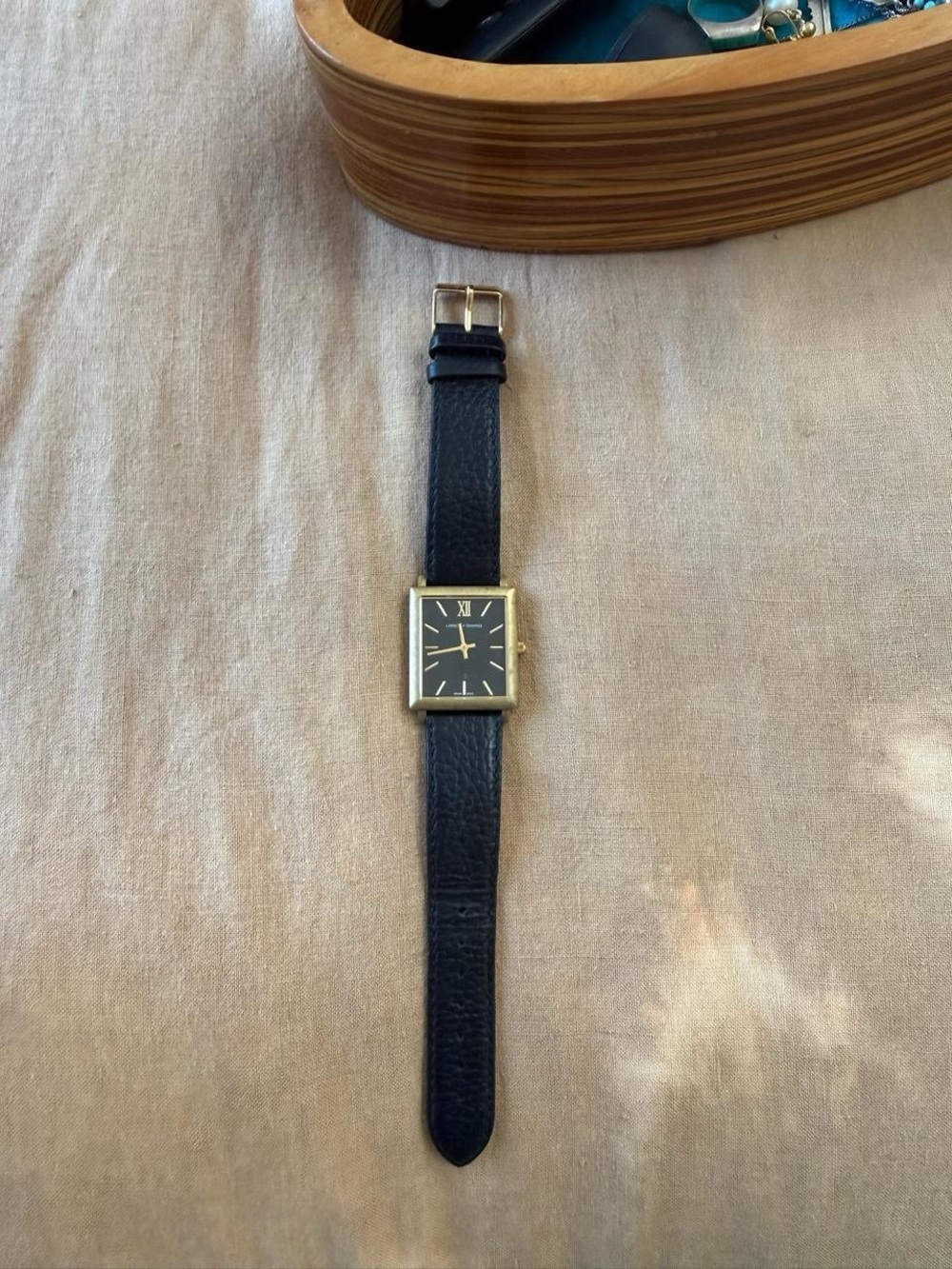 Classic Black Leather Strap Watch with Gold Square Case